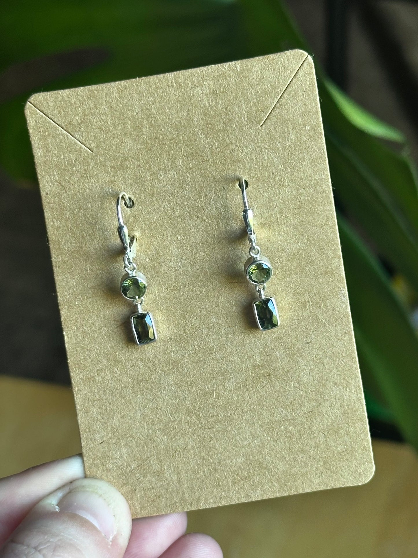 Faceted Gemstone Moldavite Sterling Silver Dangling Clasp Earrings