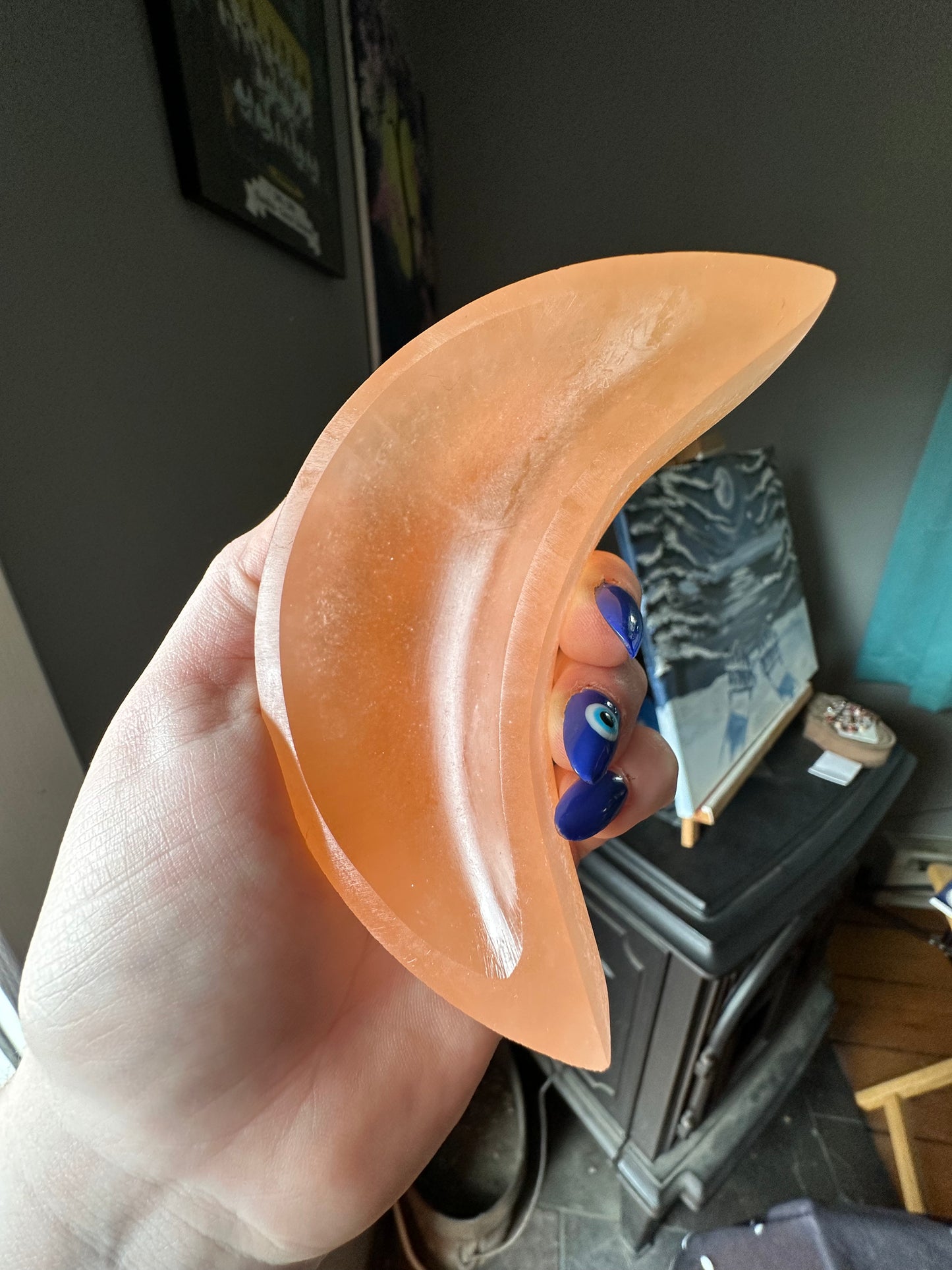 One (1) Peach Satin Spar Selenite Moon Bowl, Randomly Selected