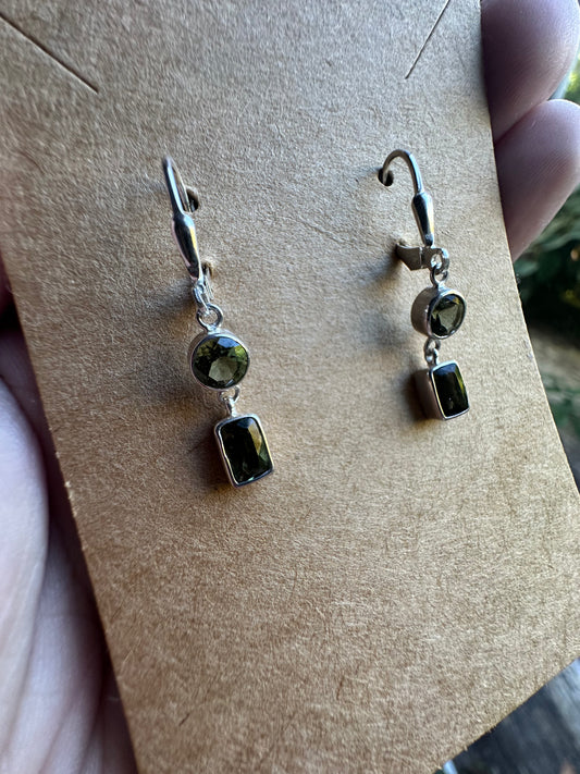 Faceted Gemstone Moldavite Sterling Silver Dangling Clasp Earrings