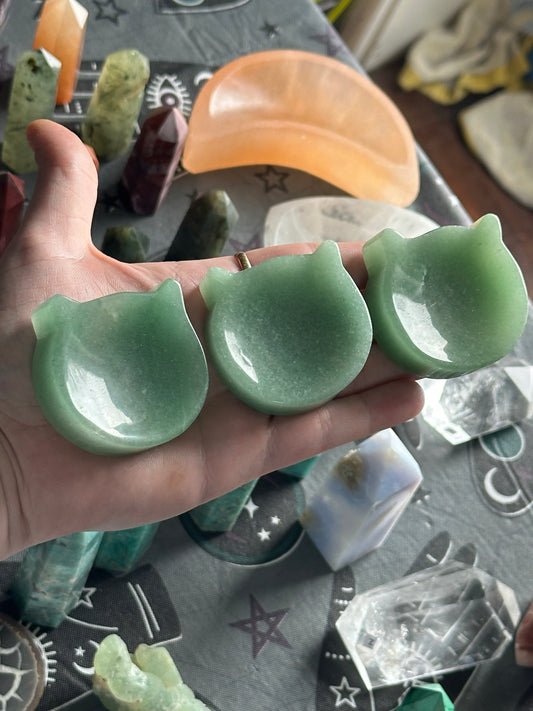 One (1) Green Aventurine Kitty Cat Bowl Carving, Randomly Selected