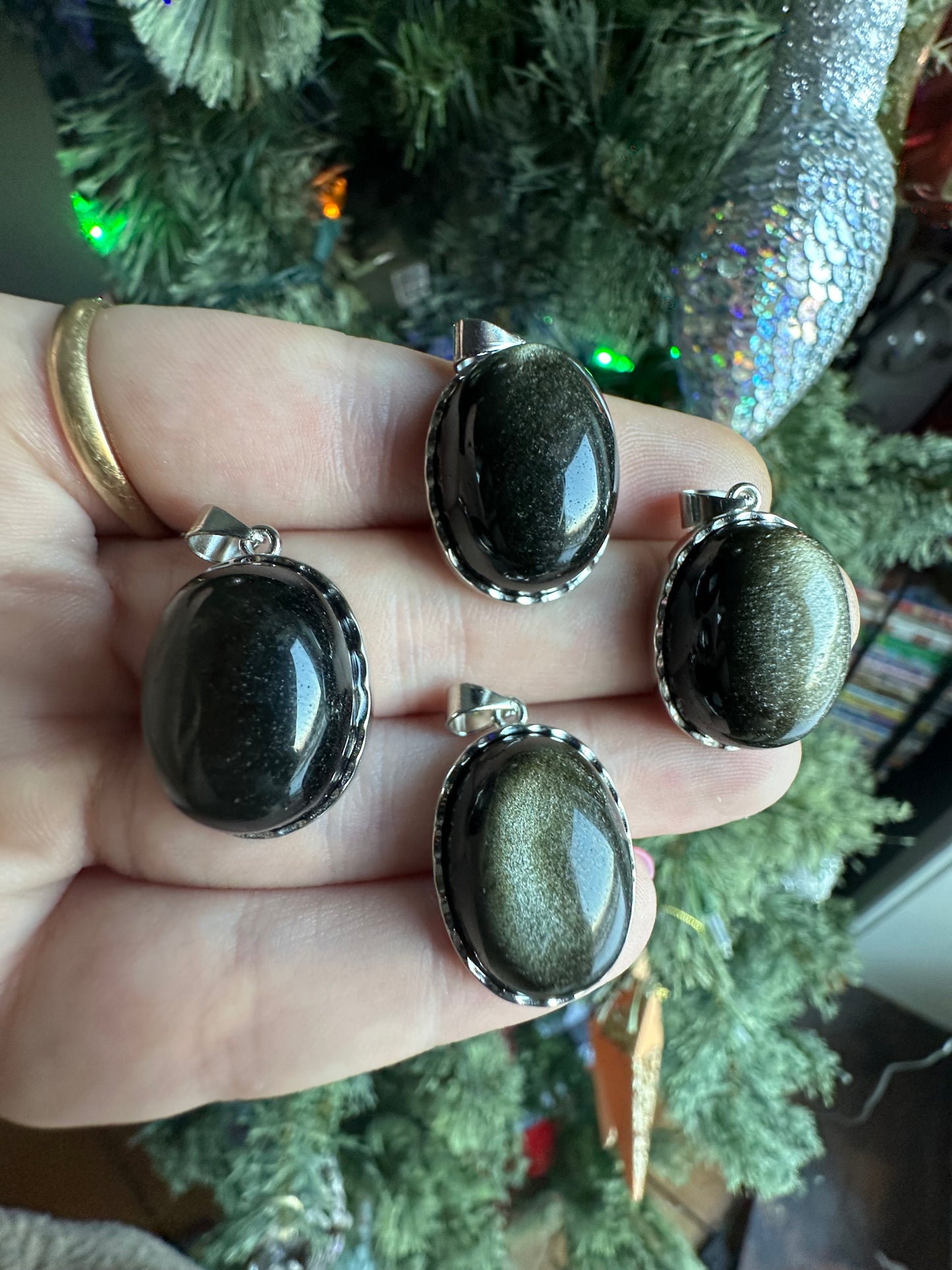Golden Sheen Obsidian Stainless Steel Oval Pendant