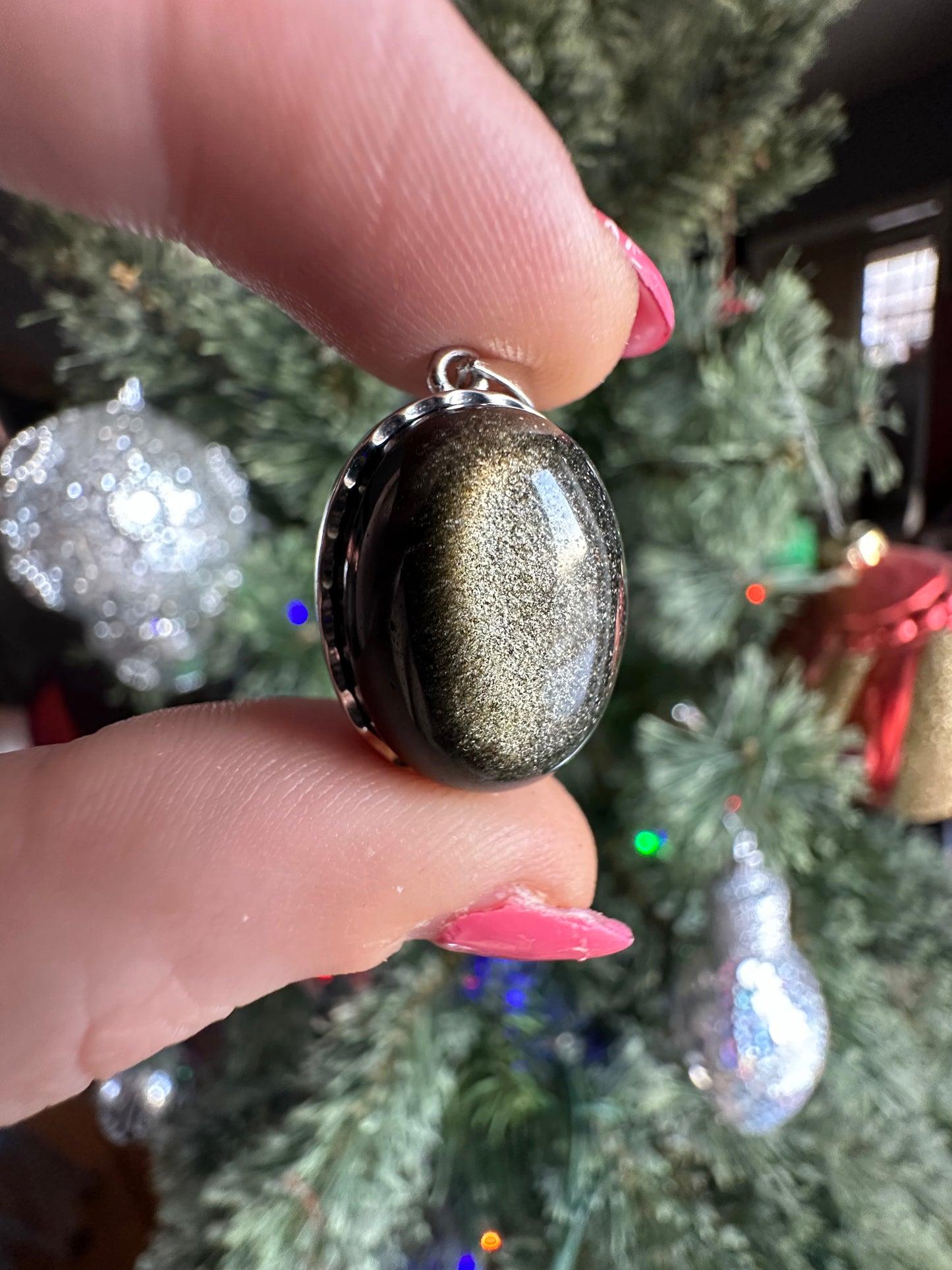Golden Sheen Obsidian Stainless Steel Oval Pendant