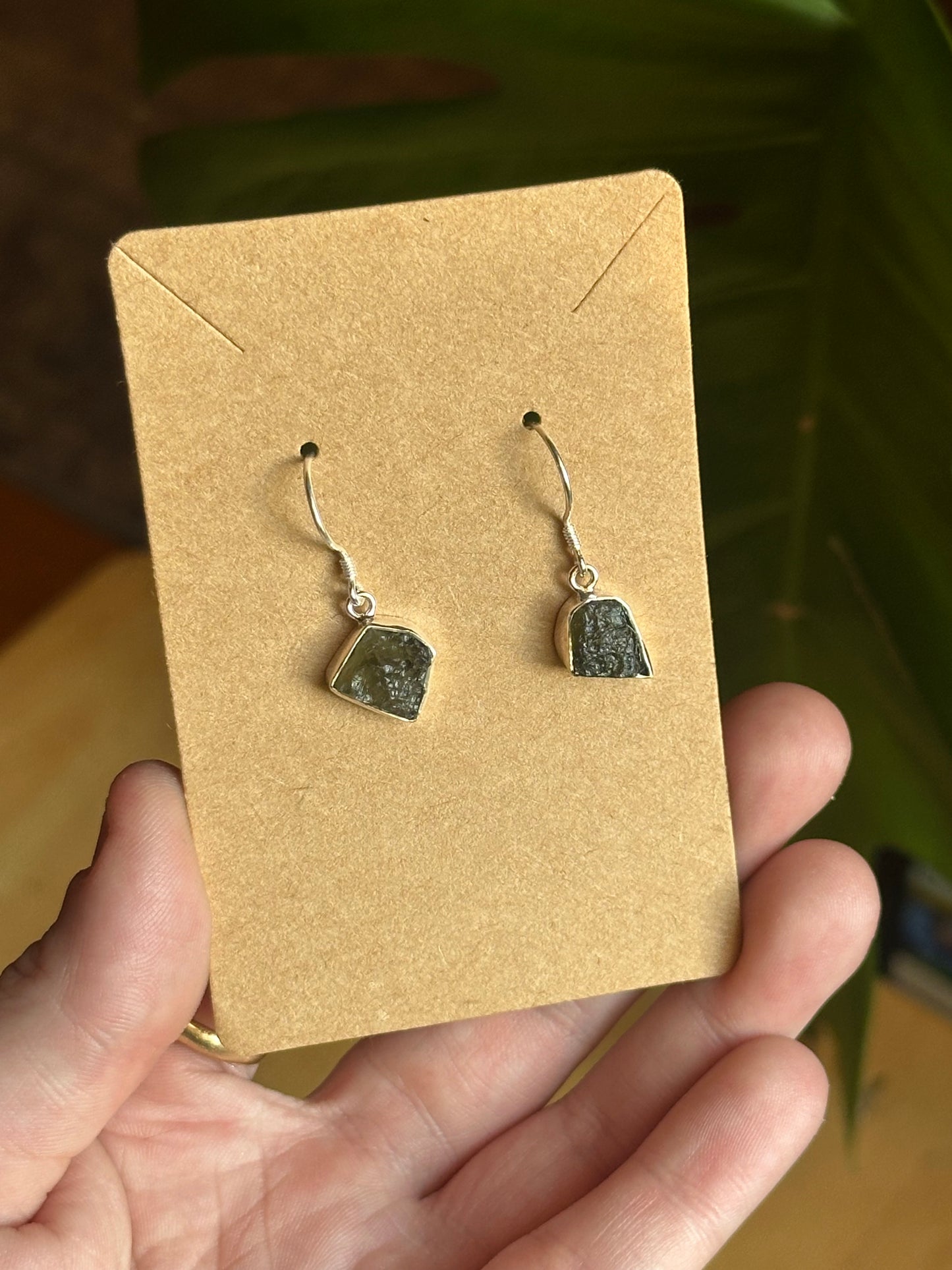 Raw Natural Moldavite Sterling Silver Dangling Earrings 1