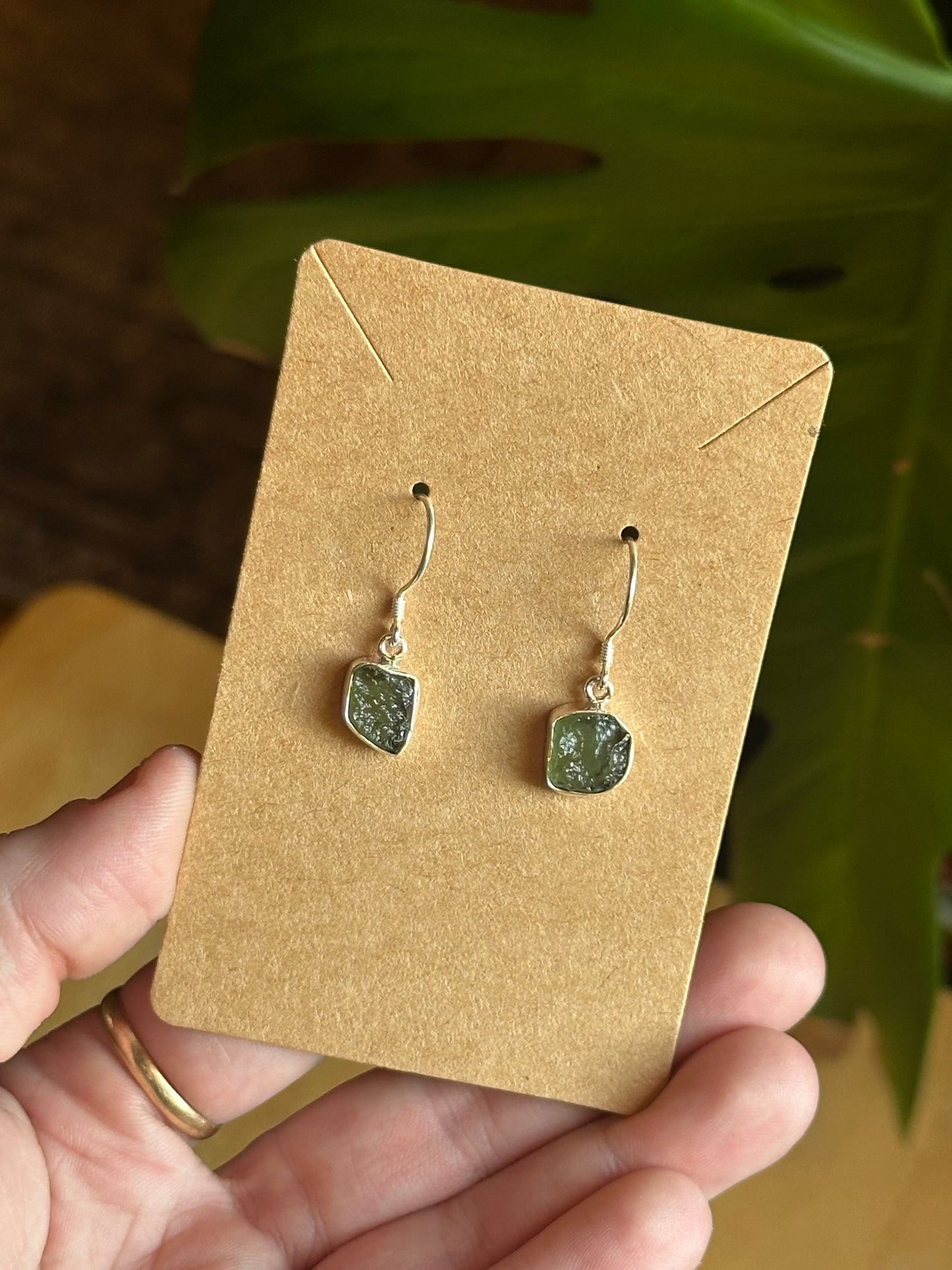 Raw Natural Moldavite Sterling Silver Dangling Earrings 2