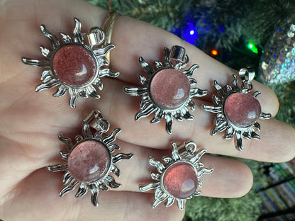 Strawberry Quartz Stainless Steel Sun Pendant