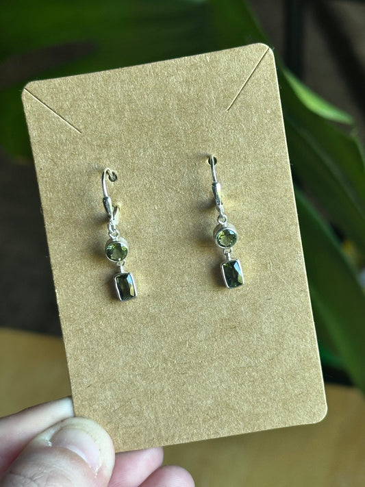 Faceted Gemstone Moldavite Sterling Silver Dangling Clasp Earrings