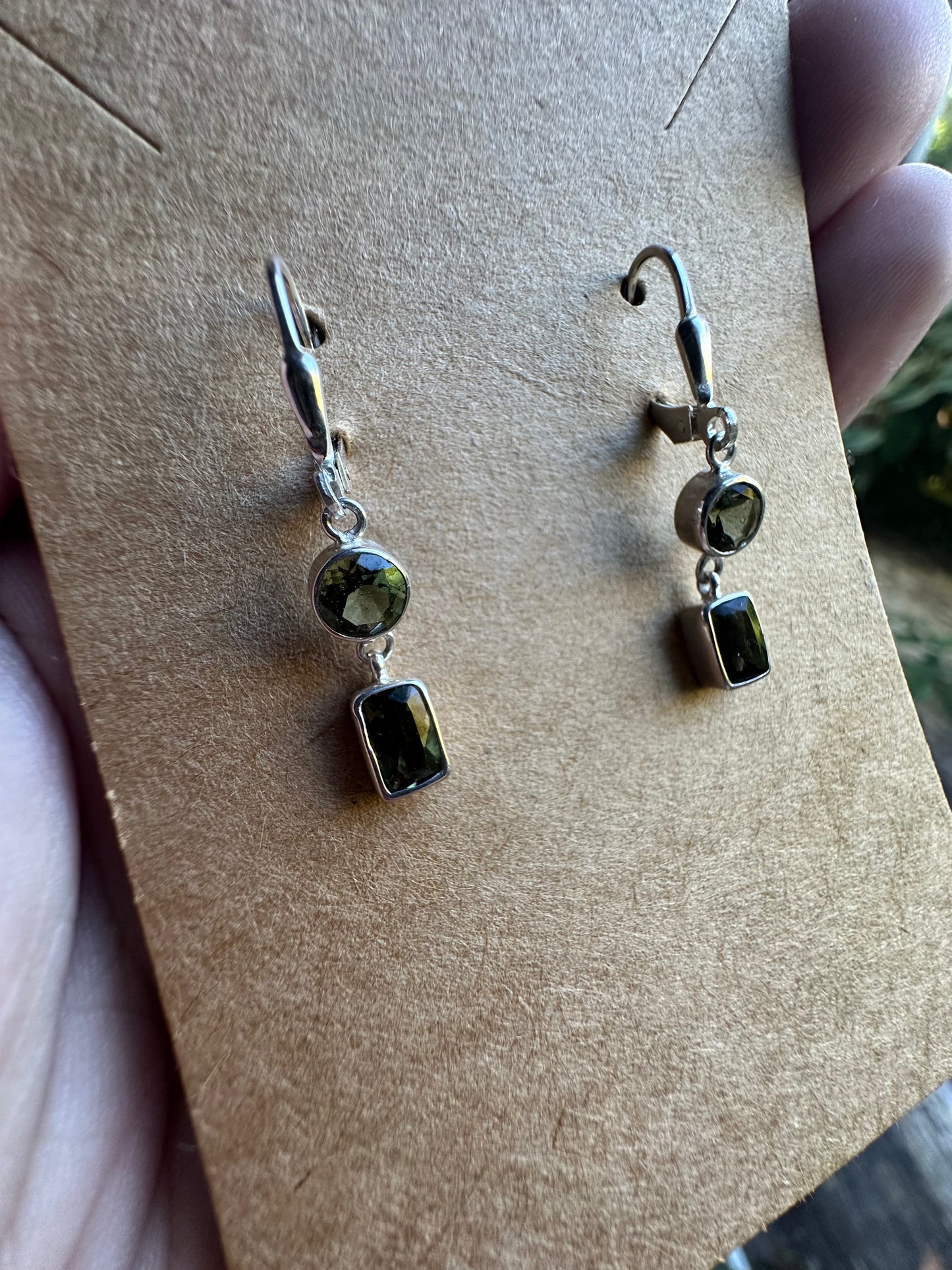 Faceted Gemstone Moldavite Sterling Silver Dangling Clasp Earrings