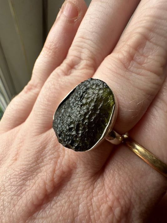 Size 8.5 Raw Natural Moldavite Sterling Silver Ring