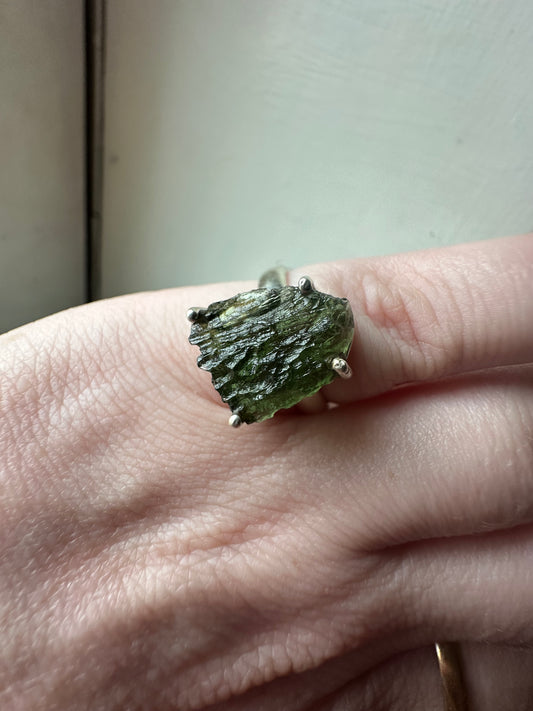 Size 6 Raw Natural Moldavite Sterling Silver Ring