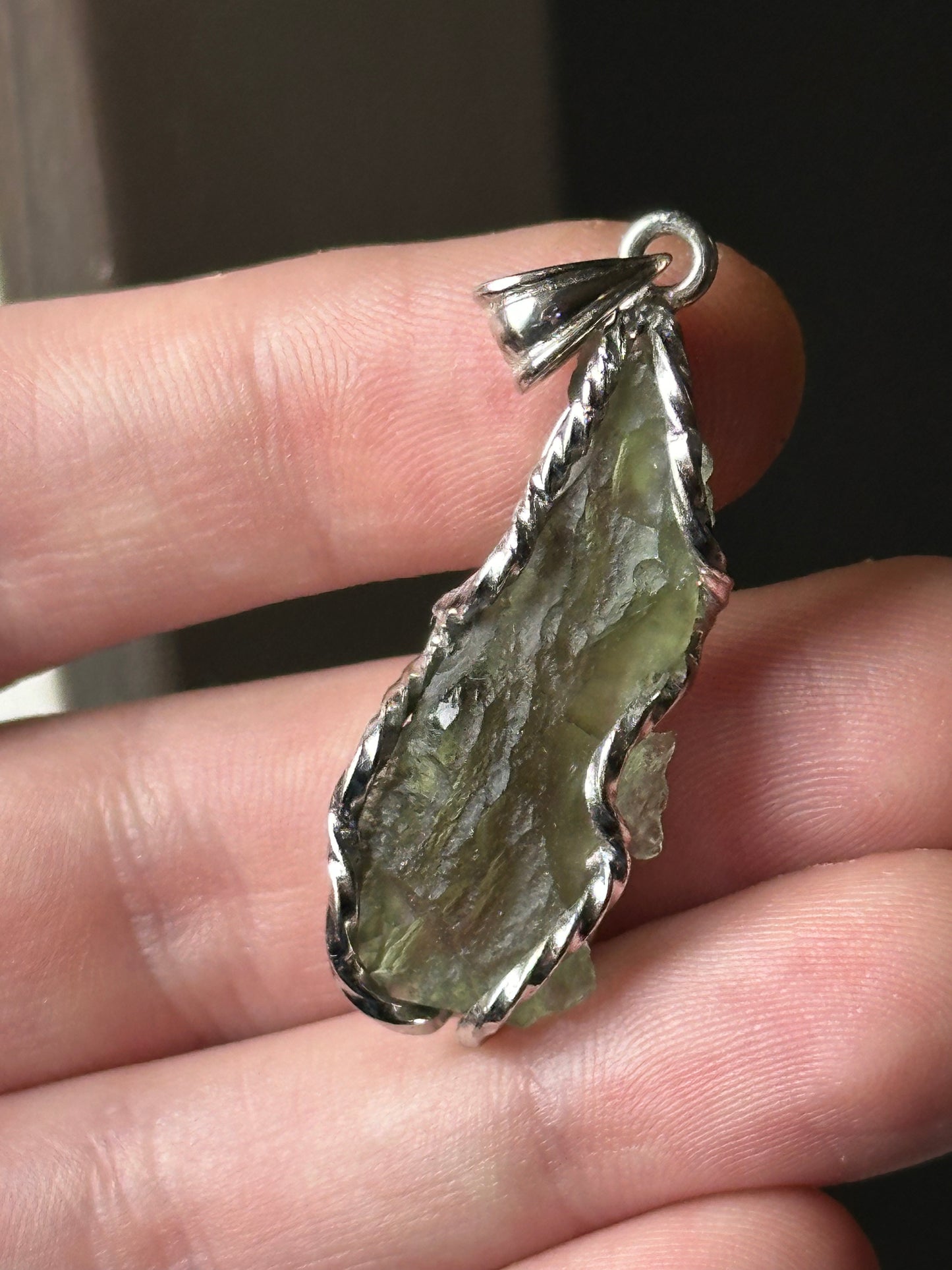 7.14g Raw Natural Moldavite Sterling Silver Pendant