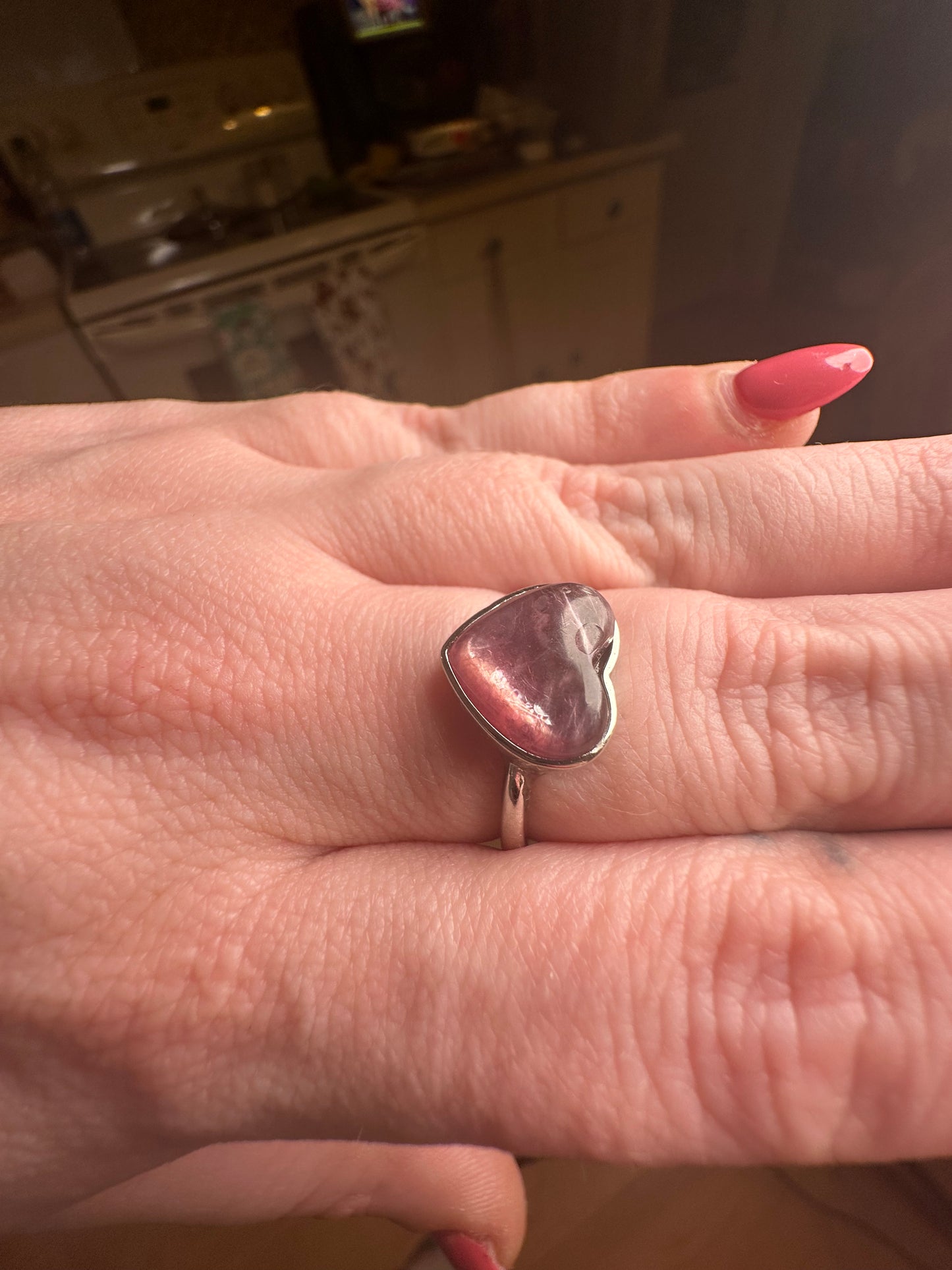 Adjustable Stainless Steel Lepidolite Mica Heart Ring